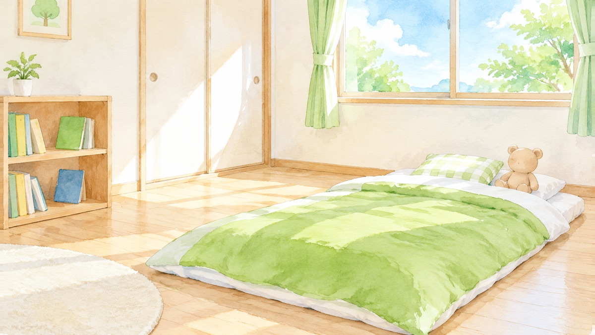 窓から光の入る子ども部屋に敷いた布団と小さなぬいぐるみ