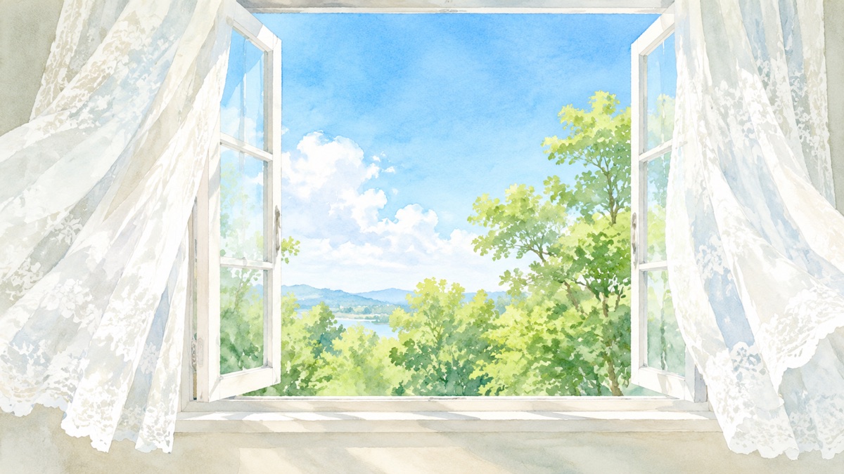 晴れた日に開け放った窓と風で揺れるレースのカーテンの絵