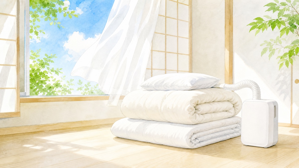 窓を開けた明るい部屋にたたんだ布団と布団乾燥機を置いた絵