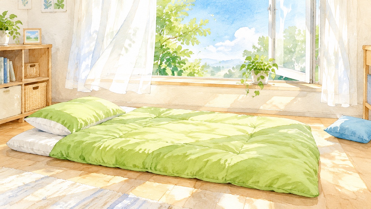 窓辺で広げた子ども部屋の布団