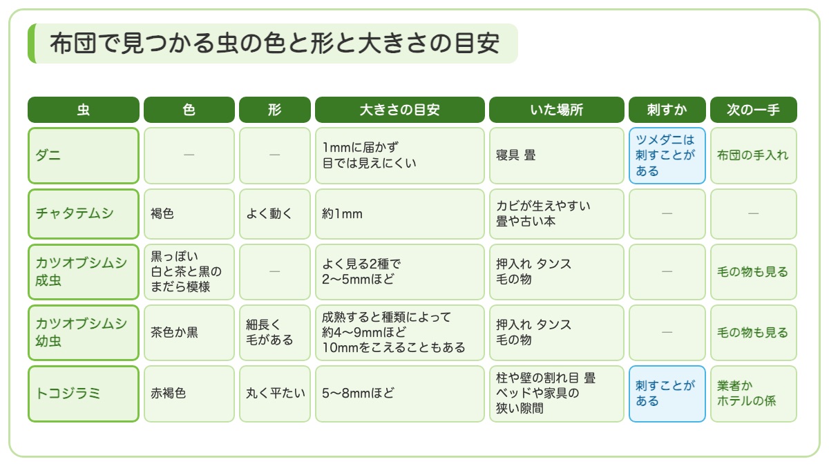 ダニとチャタテムシとカツオブシムシの成虫と幼虫とトコジラミの色と形と大きさといた場所と刺すかと次の一手を並べた表