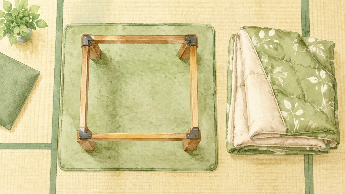 天板を外したこたつを真上から 中のこたつ敷き布団とたたんだこたつ布団の絵