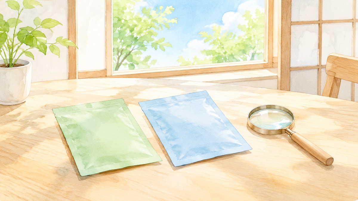 明るい部屋のテーブルに名前の無い色違いの薄い袋2つと虫めがねが並ぶ絵