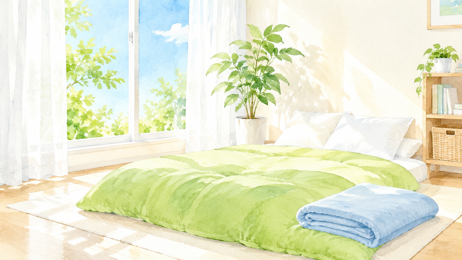 朝の光が入る寝室に敷いた布団と枕と小さな観葉植物の絵