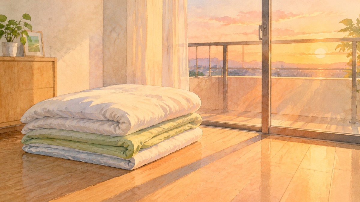 夕方の暖かい光の部屋 取り込んでたたんだ布団の絵