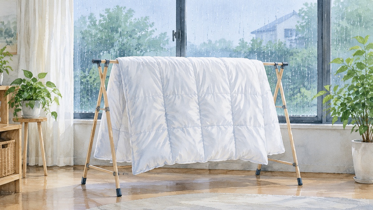 梅雨の雨の窓辺 室内の物干しに掛けた掛け布団の絵