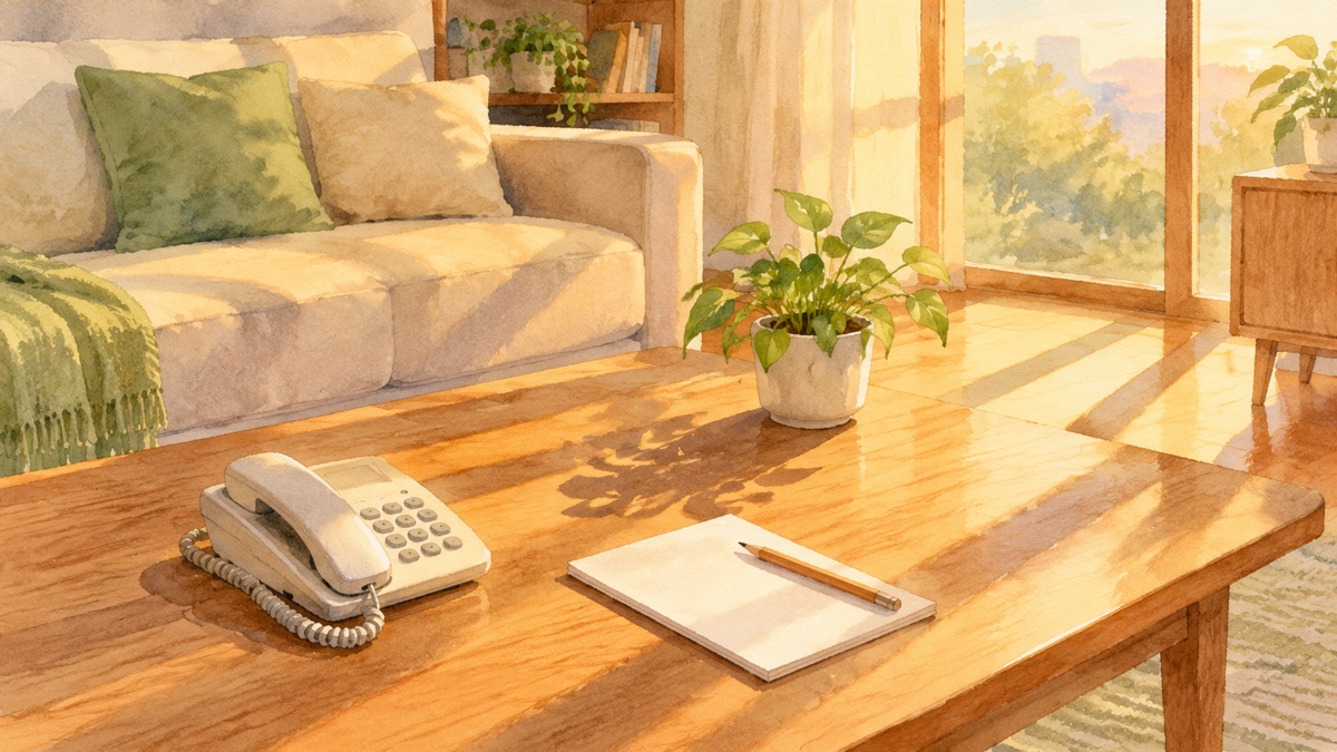 夕方の暖かい光の居間 テーブルの上の電話と白いメモ帳の絵