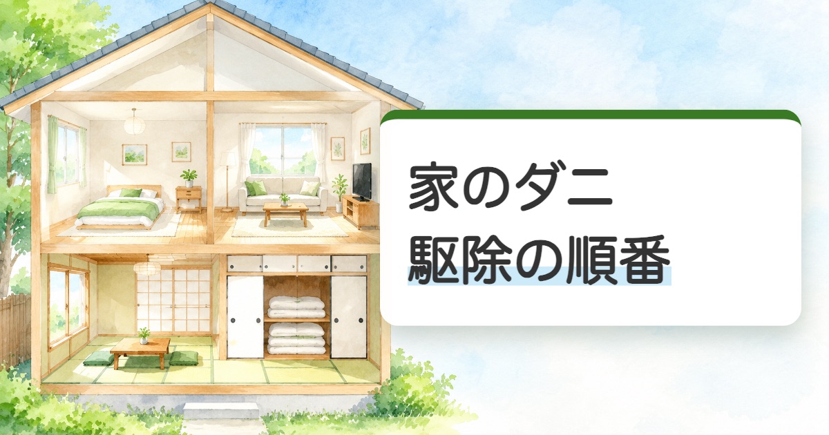 家のダニ駆除の順番の題を載せた寝室と居間と押し入れがひと続きに見える家の断面の絵