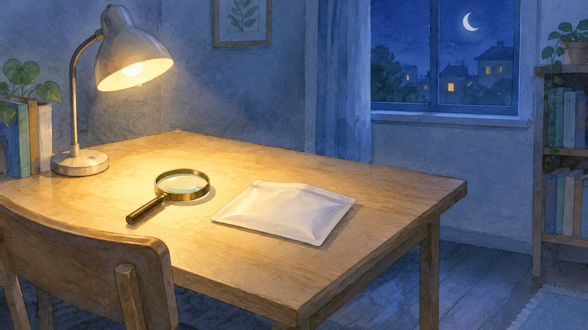 夜のスタンドの灯りの机に虫めがねと閉じた白い薄い袋の絵