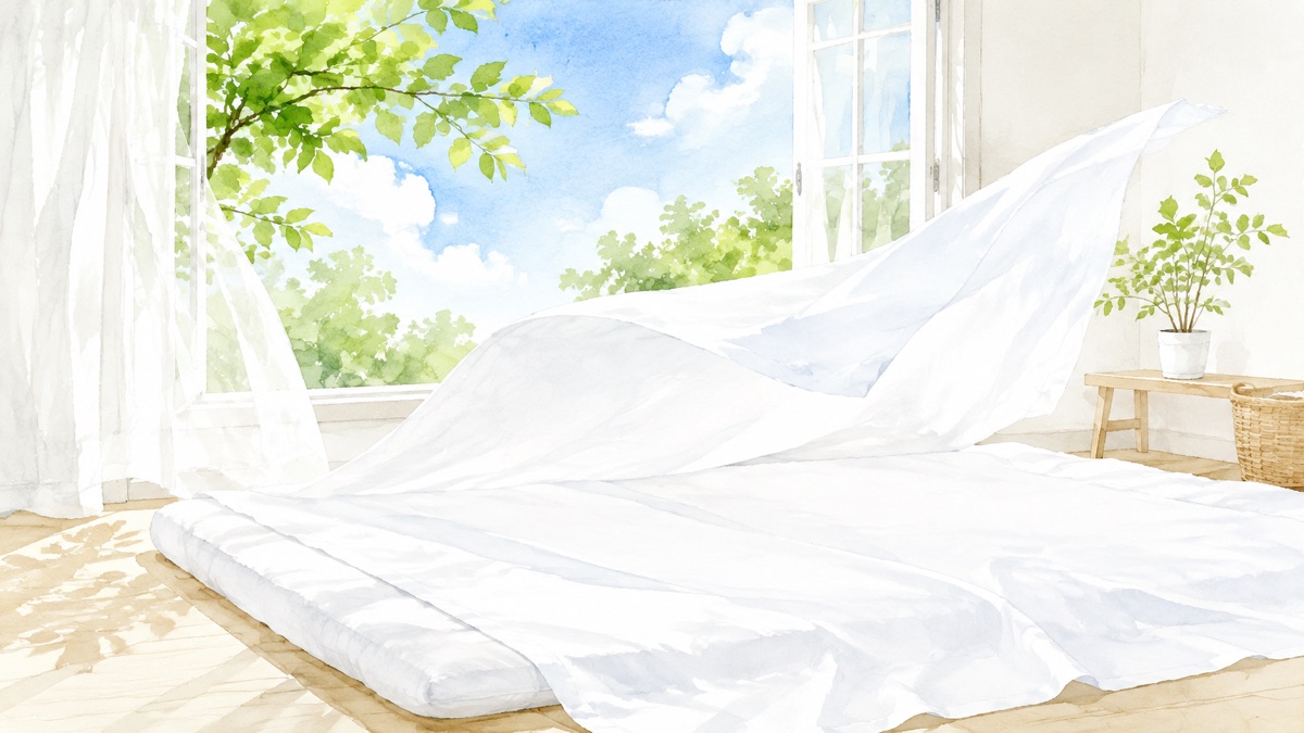 窓辺で白いシーツと敷布団を広げて風を通している部屋