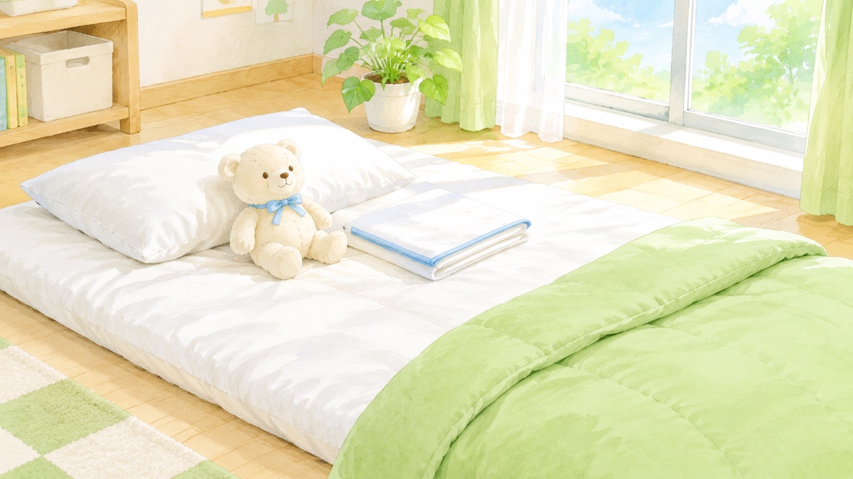 明るい子ども部屋の布団と小さなぬいぐるみと畳んだシーツ