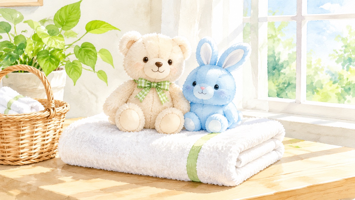 日の入る部屋でたたんだバスタオルの上に置いた小さなぬいぐるみ2つ
