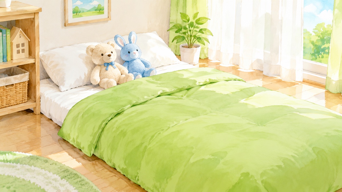 明るい子ども部屋の布団の枕元に並んだくまとうさぎのぬいぐるみ