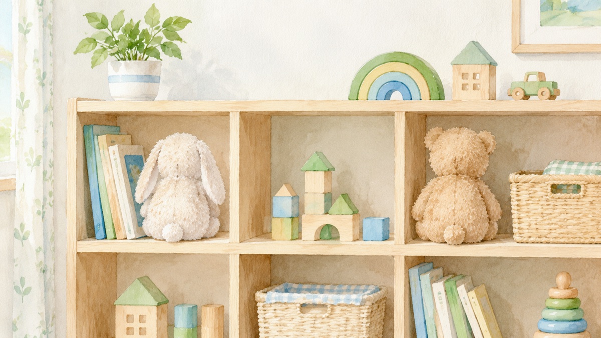 子ども部屋のおもちゃの棚に並んだぬいぐるみと積み木の絵