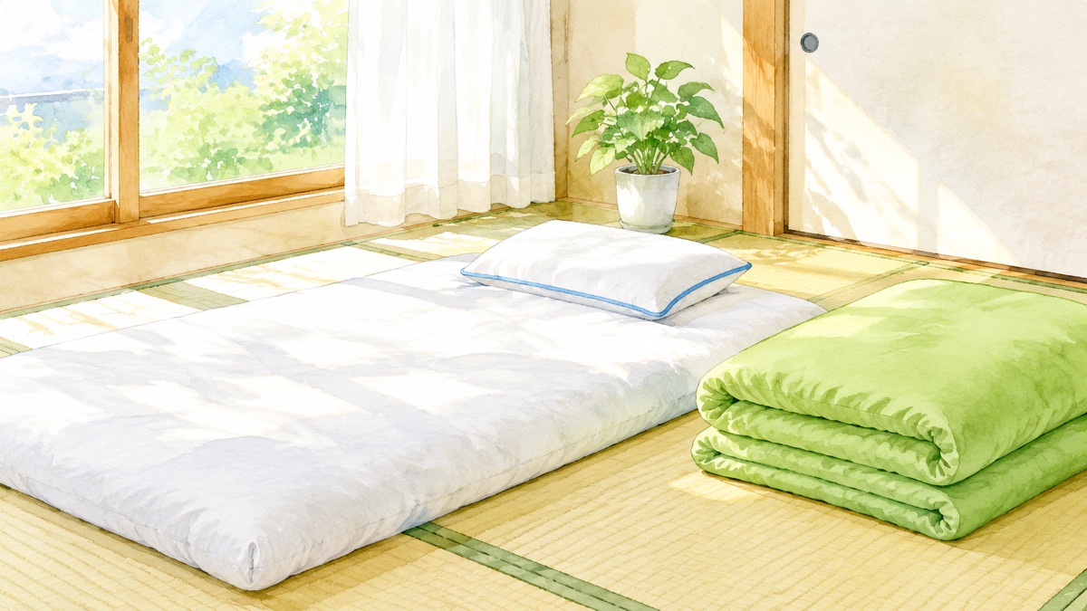 朝の光の入る畳の部屋に敷いた敷布団とたたんだ掛け布団