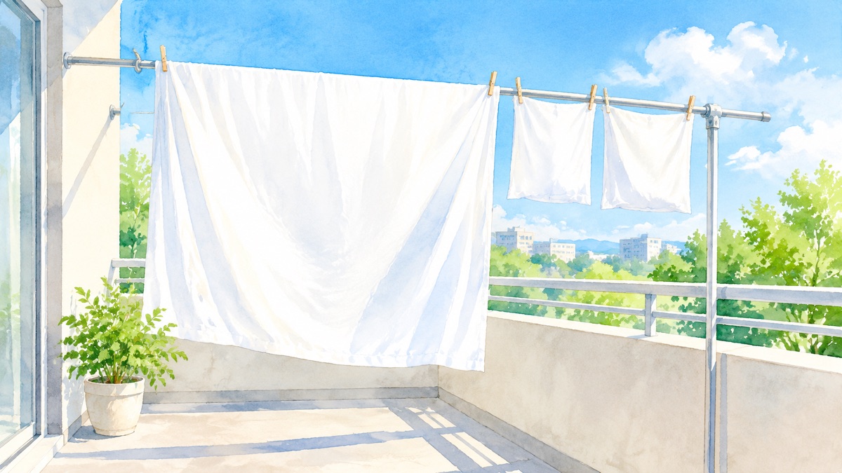 晴れたベランダの物干しに白いシーツと枕カバーが干してある絵