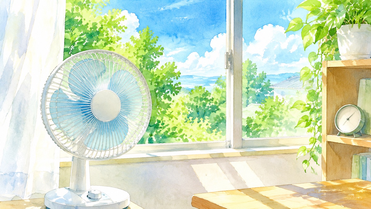 夏の強い日差しの窓辺 棚の上の温湿度計と扇風機の絵