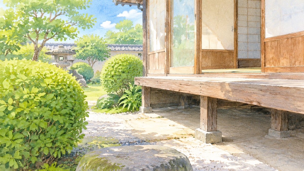 古い木造の家の縁の下と庭の植え込みの絵