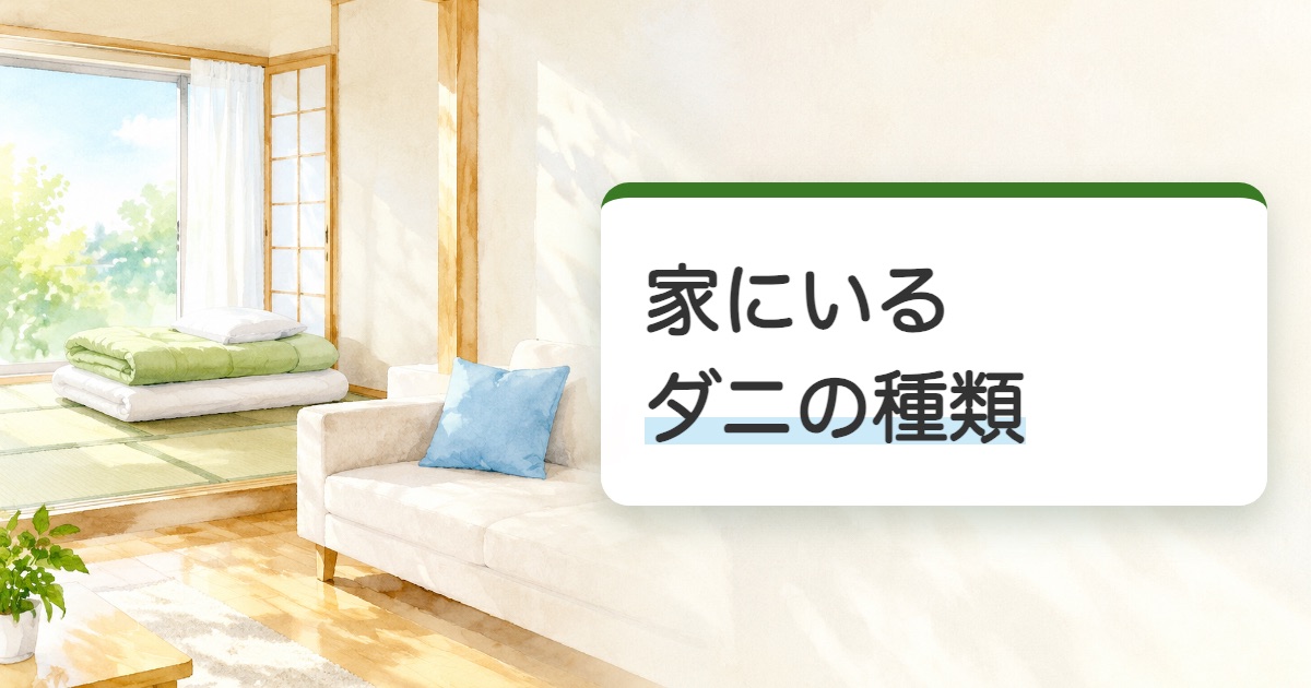 家にいるダニの種類の題を載せた畳にたたんだ布団とソファのある明るい家の絵