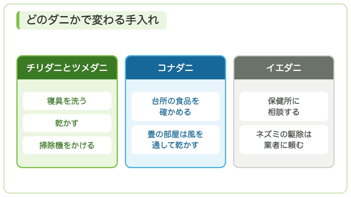 チリダニとツメダニは寝具を洗い乾かし掃除機をかけ コナダニは食品を確かめ畳を乾かし イエダニは保健所に相談することを示す図