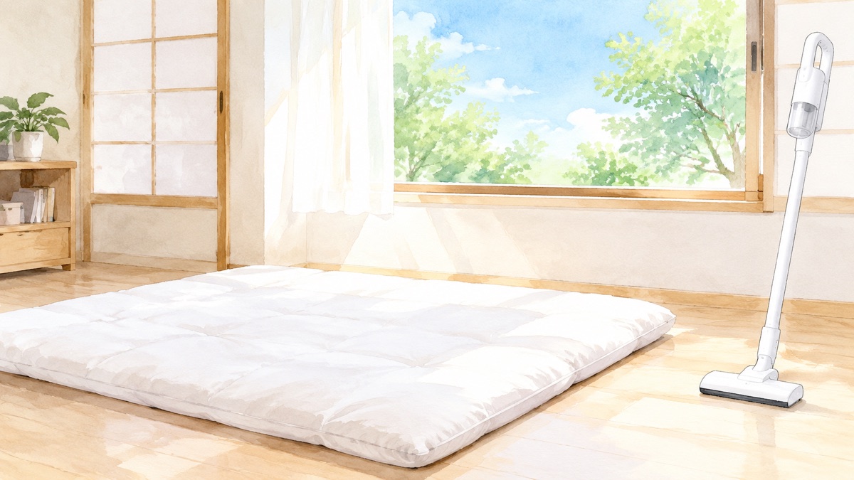 シーツを外した敷布団が窓辺に広げてありそばに掃除機が置いてある明るい部屋の絵
