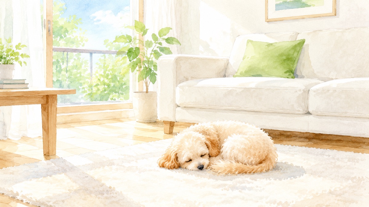明るいリビングのラグの上で丸くなって眠る犬と奥のソファの絵