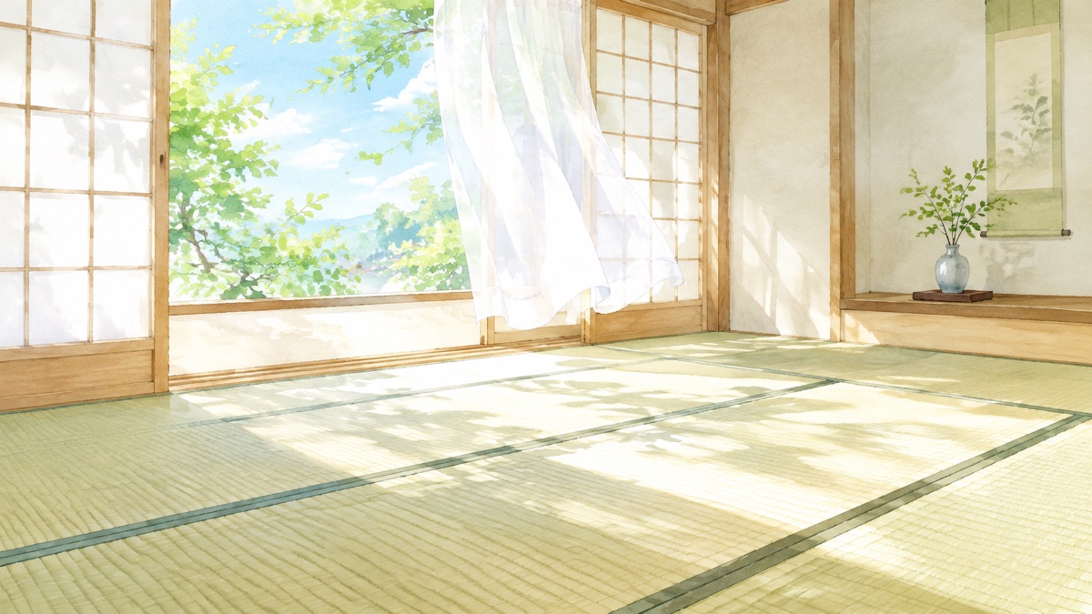 窓から風の入る和室と畳の目が見える床