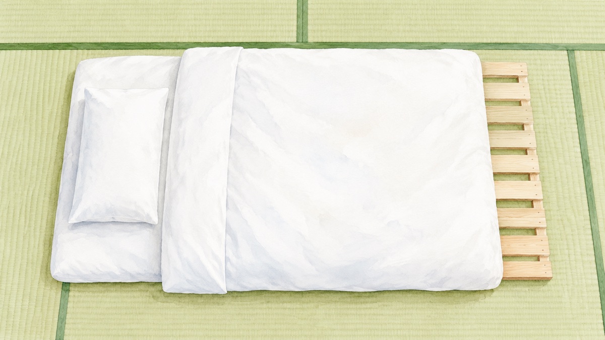 真上から見た畳の上のすのこと その上に敷いた敷布団の絵