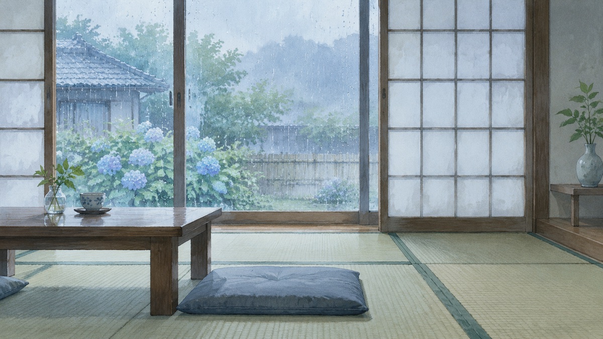 梅雨の雨の窓辺の和室 畳と閉めた障子の明かりの絵