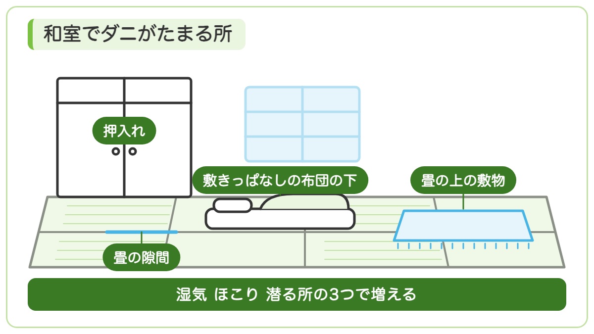 和室の線画に畳の隙間と敷きっぱなしの布団の下と畳の上の敷物と押入れの札を付け湿気とほこりと潜る所の3つで増えることを示す図
